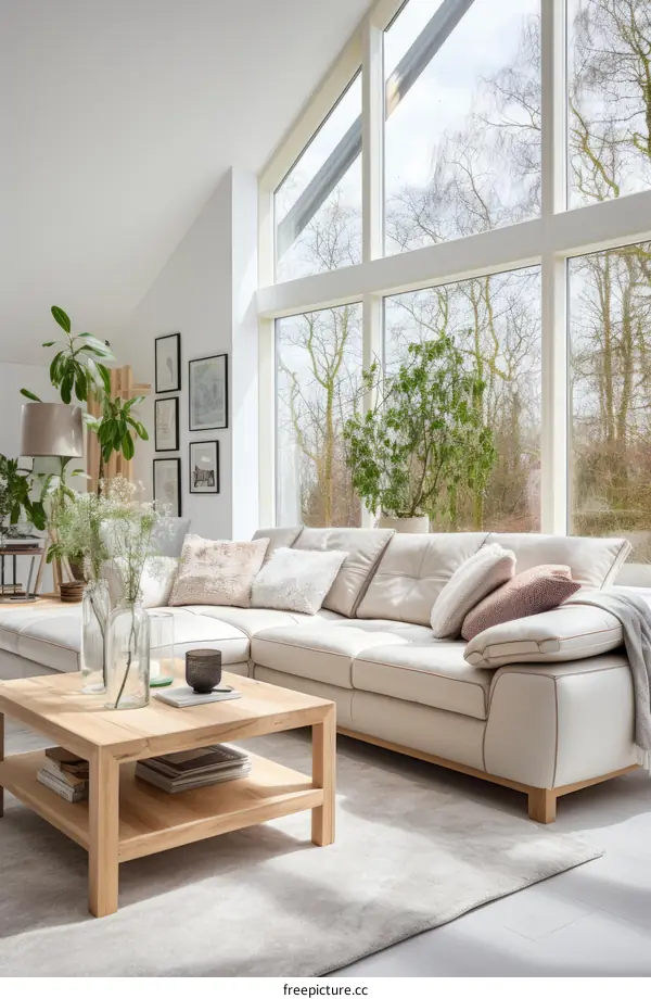 Bright living room with large windows and comfortable sofa