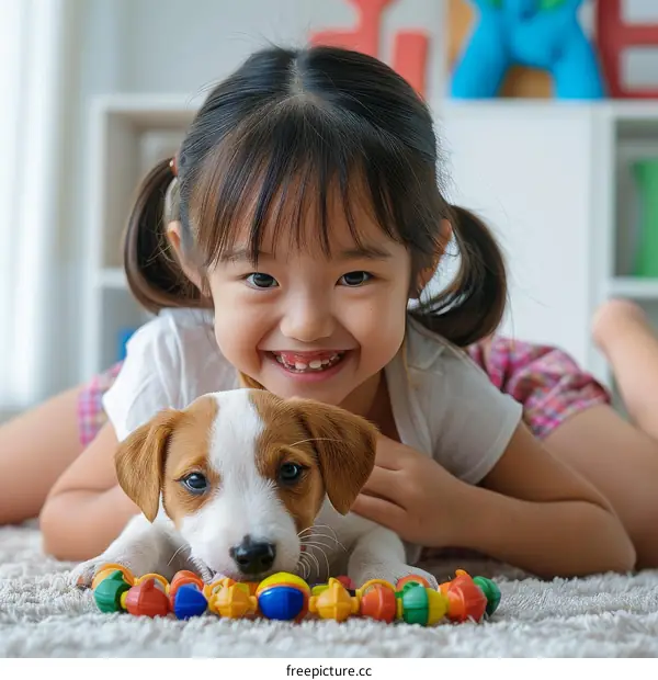 A smiling girl playing with a puppy