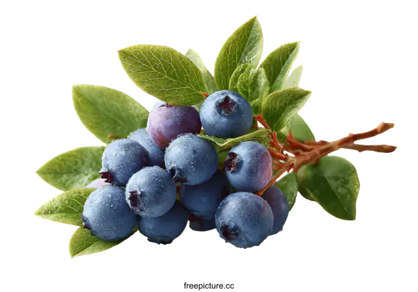 [Transparent Background PNG]Fresh Blueberries with Leaves Closeup