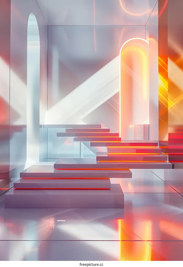 liminal space with red stairs and glowing white archways