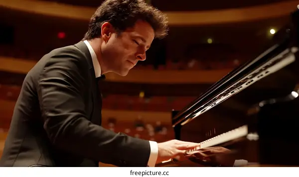 Man Playing Piano on Stage in Concert Hall