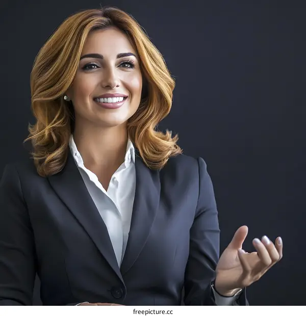 Businesswoman Smiling and Gesturing with Her Hand