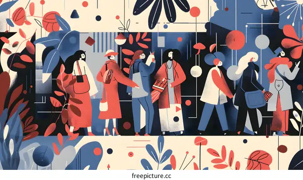 People Walking Through Abstract Pattern Background
