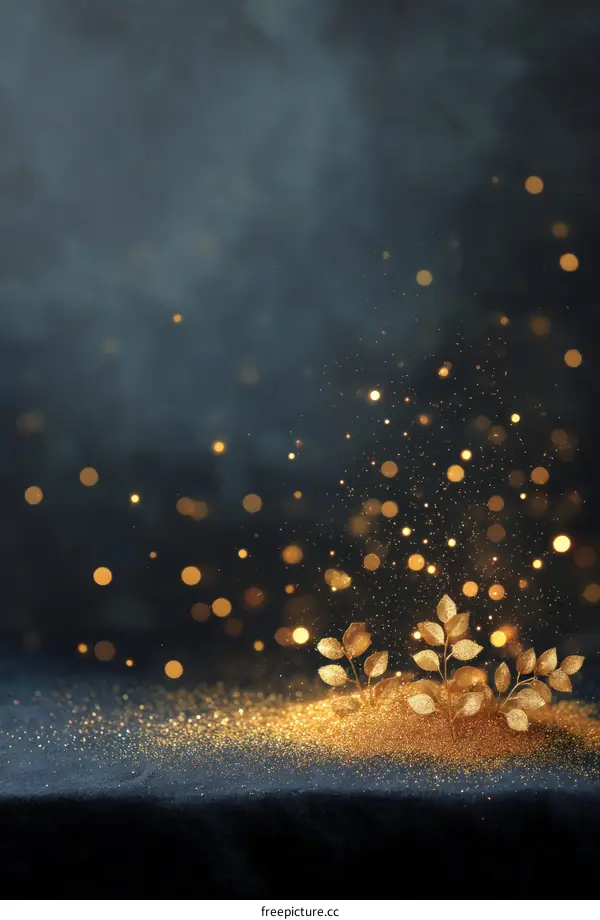Golden Glitter Background with Decorative Leaves