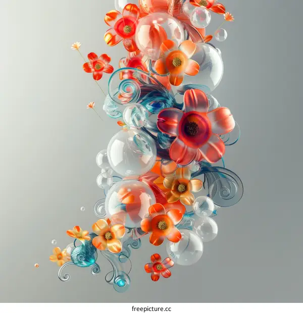 3D rendering of orange and blue flowers with bubbles