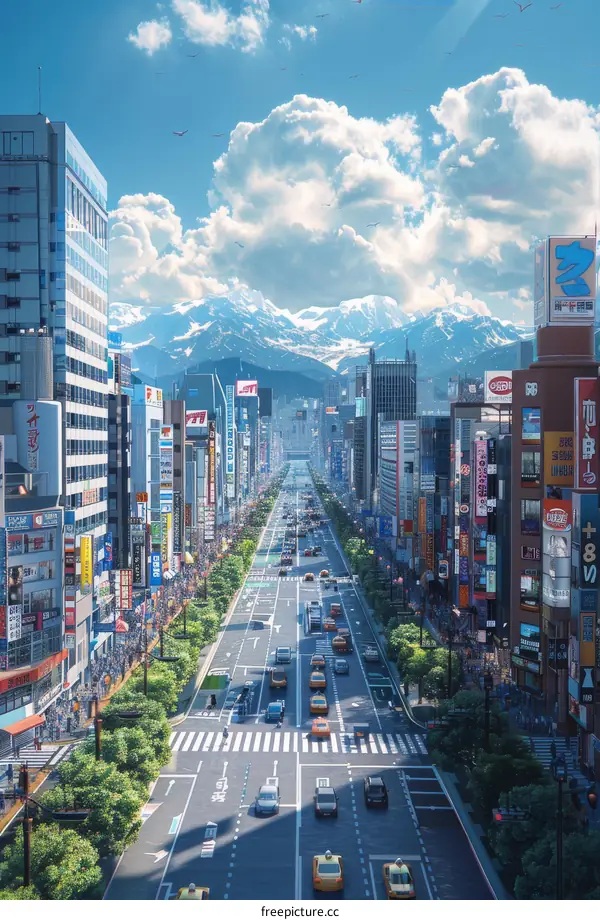 A panoramic city street with many cars and people in front of tall buildings with mountains in the background