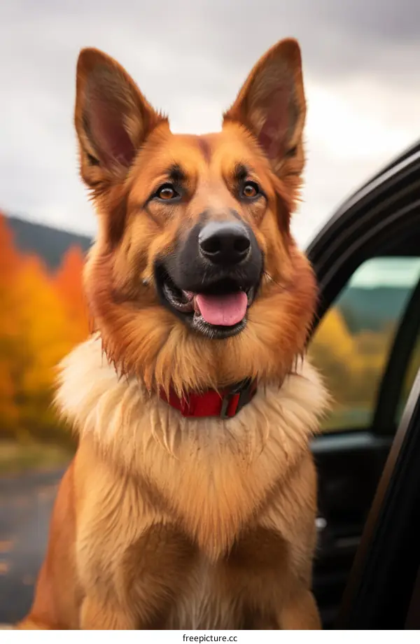 Happy dog looking out of car window with fall foliage in the background