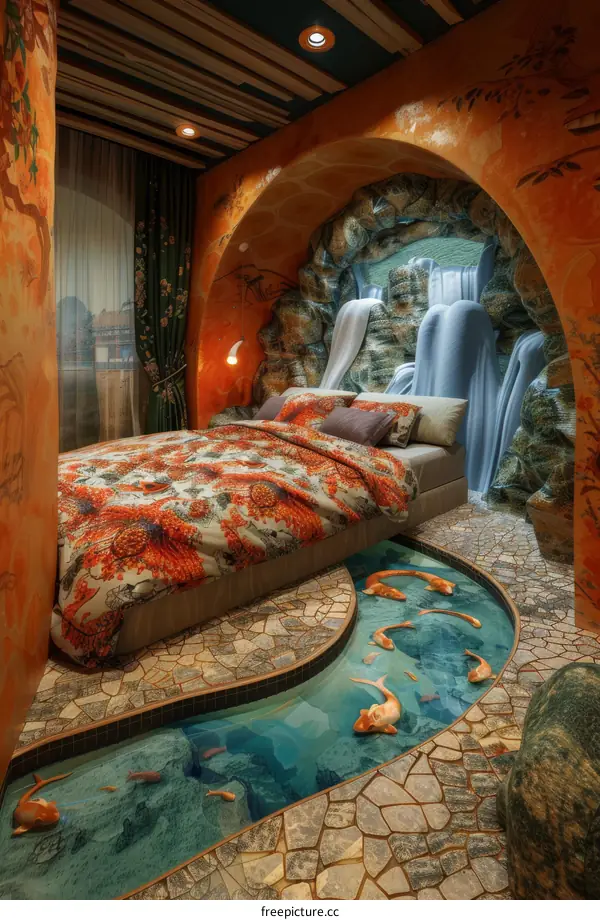 Intricate Asian-Inspired Bedroom with Fish Pond Flooring