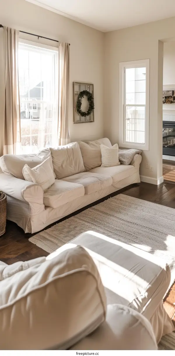 A bright living room with white sofa and large windows