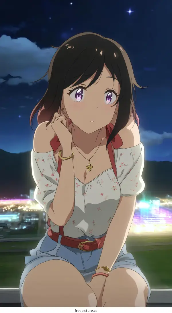 Anime Girl in Summer Outfit at Night