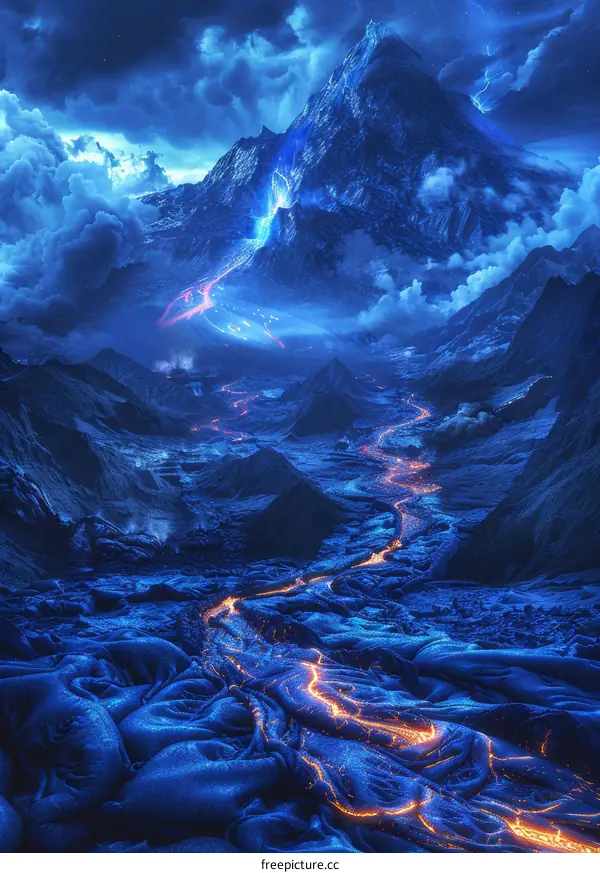 Blue volcano erupting at night