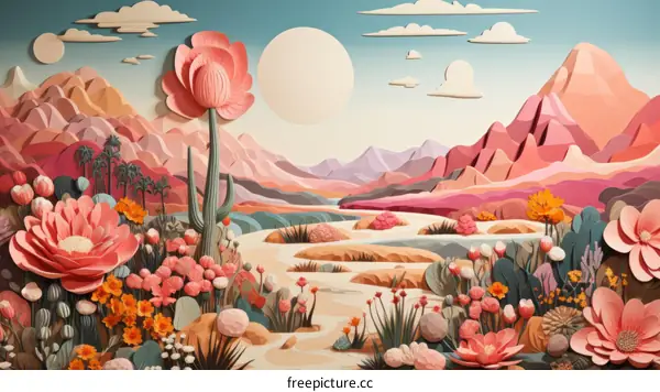 Pink flowers and cacti in the desert with a blue sky and mountains in the background