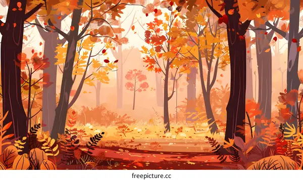 Autumn Forest Landscape With Golden Leaves