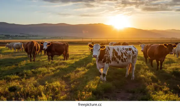 Hereford and Angus cattle grazing on a lush green pasture at sunset