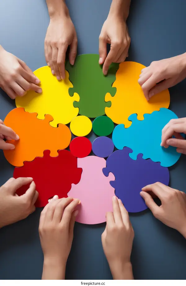 Diverse hands fitting puzzle pieces together