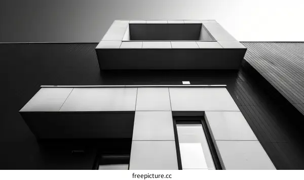 Black and white photo of a modern building with a large window