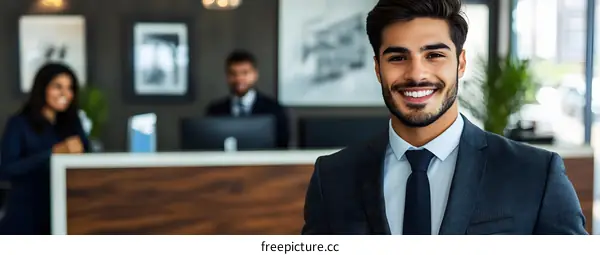 Smiling Businessman in Suit Standing at Reception Desk