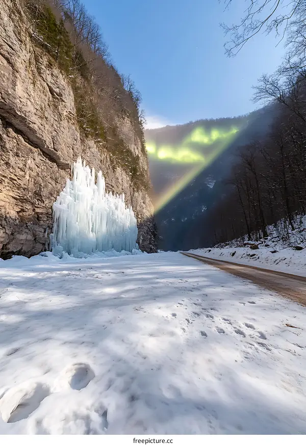 Frozen Waterfall In The Mountains