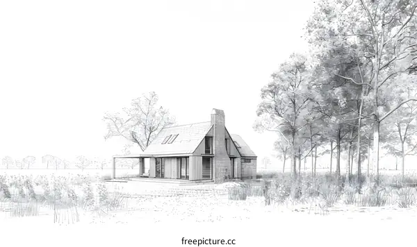 Pencil Sketch of a Modern House with a Large Yard and Trees