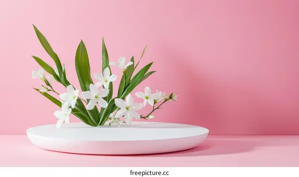 White Flowers Arrangement on Pink Background