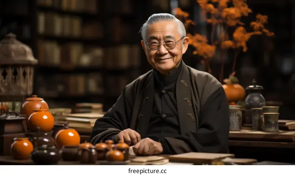 Portrait of a smiling elderly Asian man in traditional clothing sitting at a desk in a library