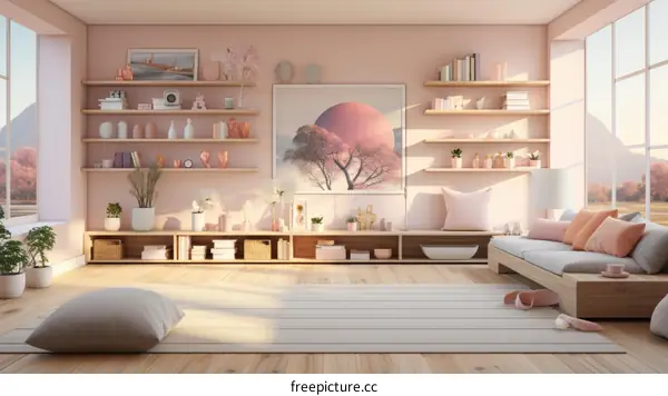 A serene living room with a large pink painting of a tree