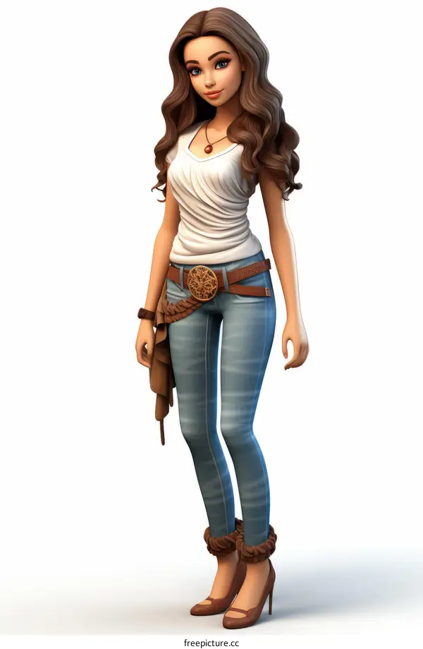 A beautiful cartoon girl with brown hair and blue eyes