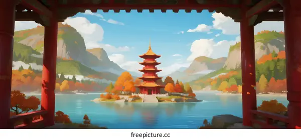 Scenic View of Traditional Pagoda by Calm Lake in Mountainous Area