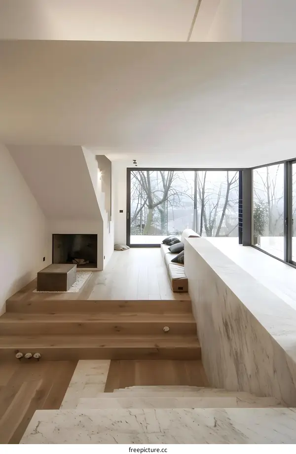 Modern Minimalist Living Room With Fireplace And Large Windows