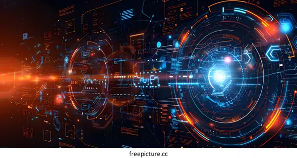 futuristic technology background with blue and orange glowing circles and lines