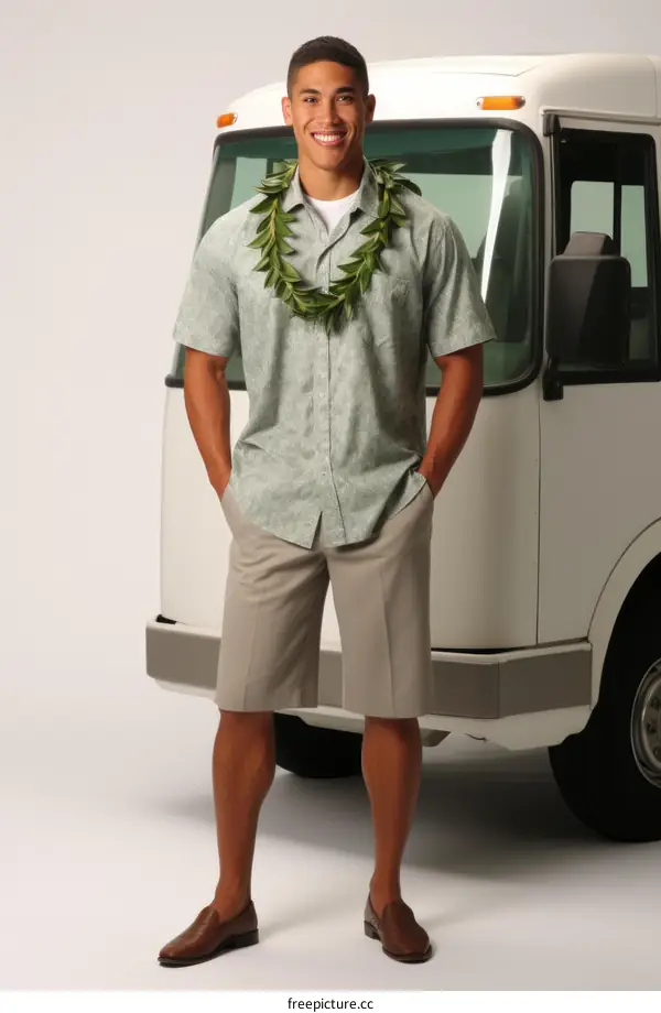 A man wearing a shirt, shorts, and a hawaiian lei