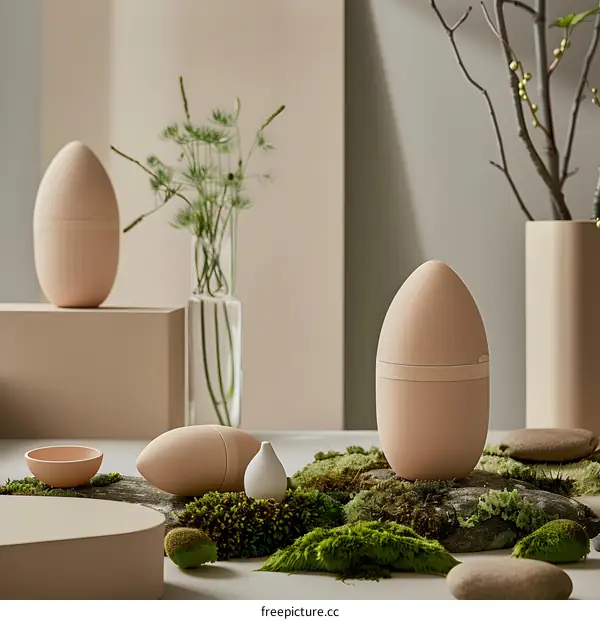 Egg Shaped Containers on Moss and Rocks