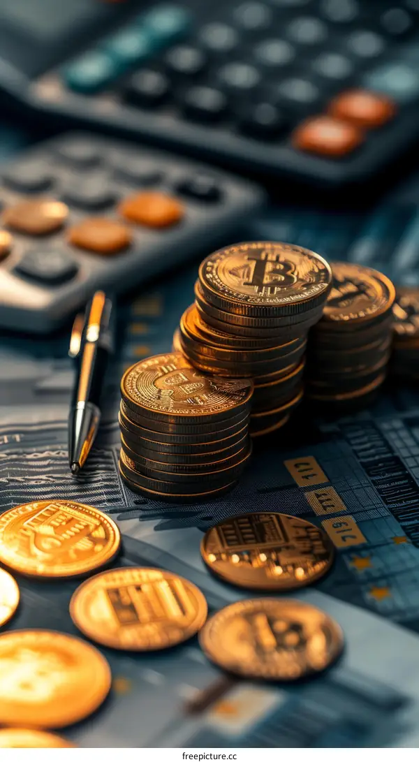 A stack of Bitcoin cryptocurrency coins.