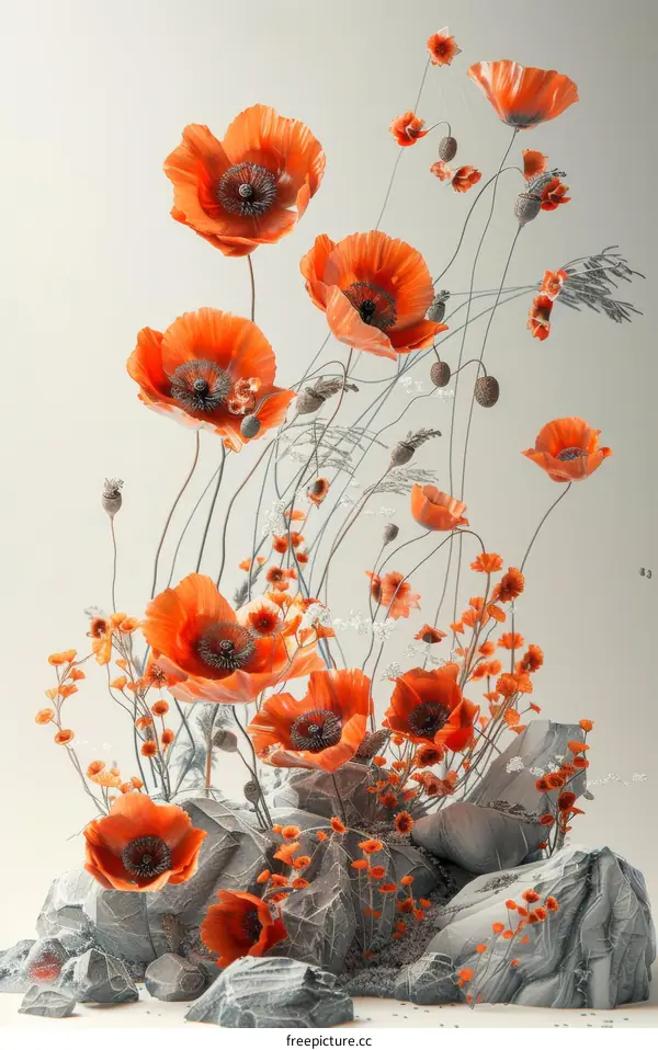 Orange poppies and other flowers on a stone surface