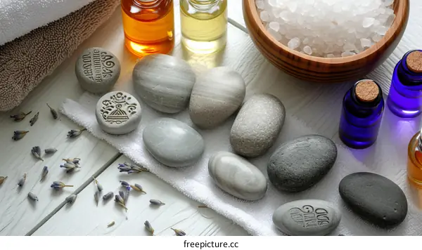 Spa stones and massage oil with lavender flowers
