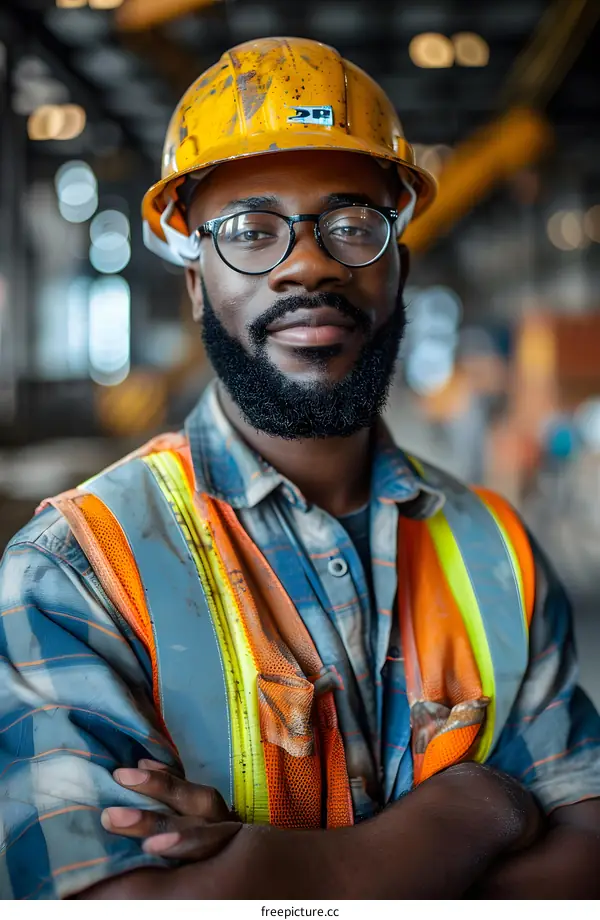 Portrait of a construction worker wearing a hard hat and safety vest