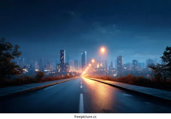City Road at Night with Illuminated Skyscrapers