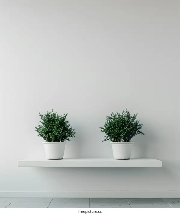 Minimalist White Wall with Two Green Plants on a Shelf