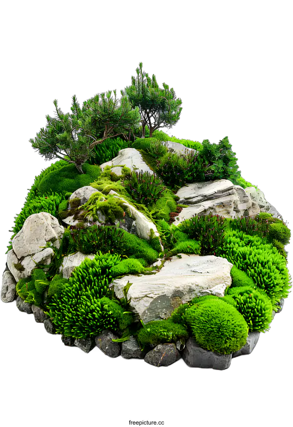 [Transparent Background PNG]Green Moss and Rocks Landscape
