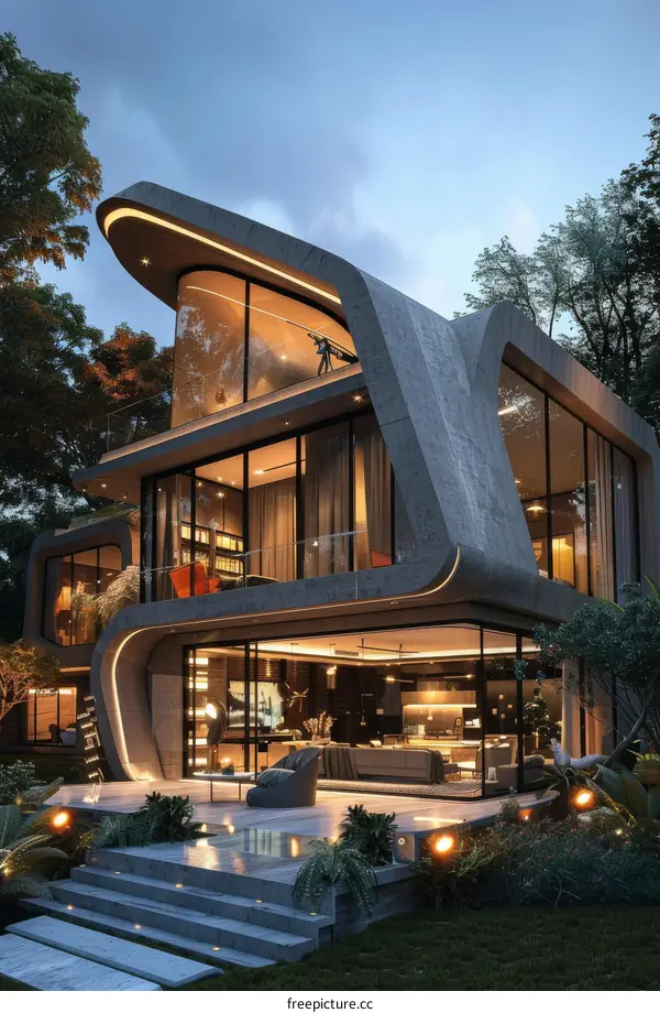 Modern concrete house exterior with large windows