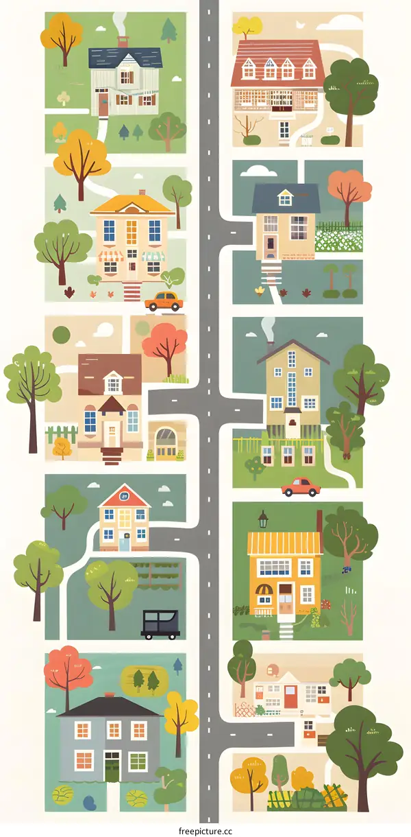 Cute Cartoon Illustration of a Small Town with Houses and Roads