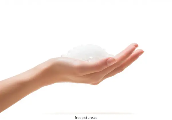 A hand holding a pile of white crystals
