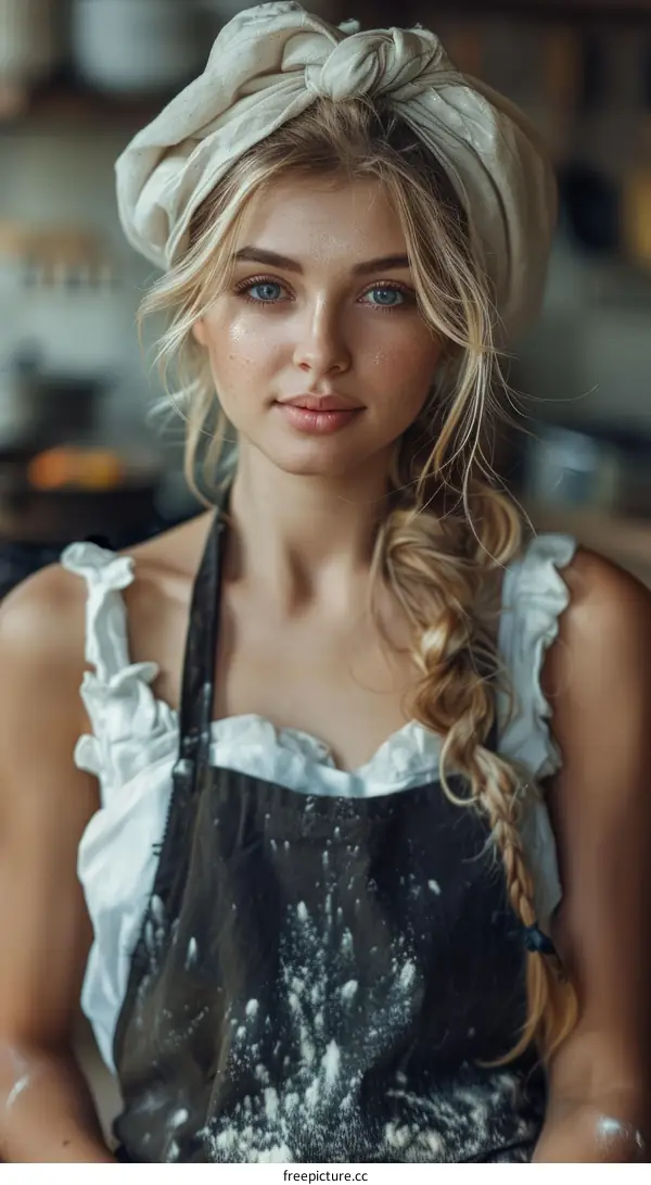 Portrait of a beautiful young woman with blonde hair wearing a white apron