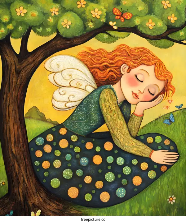 Sleeping Fairy in a Meadow Under a Tree