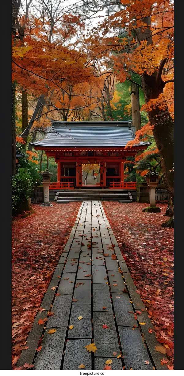 A photo of a beautiful temple in Japan with red leaves in autumn