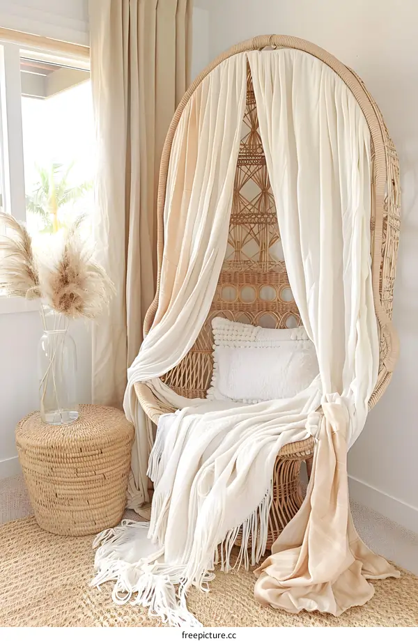 Cozy Wicker Chair With Curtains In A Living Room