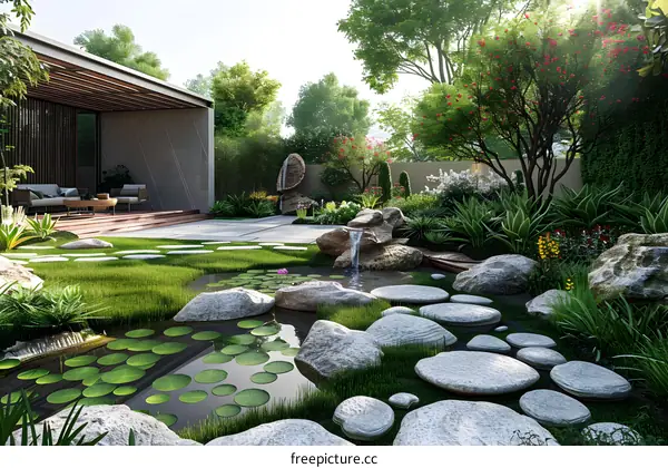 Stepping stones in a garden with a modern house in the background