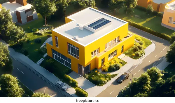 Yellow Modern House with Green Trees and Solar Panels