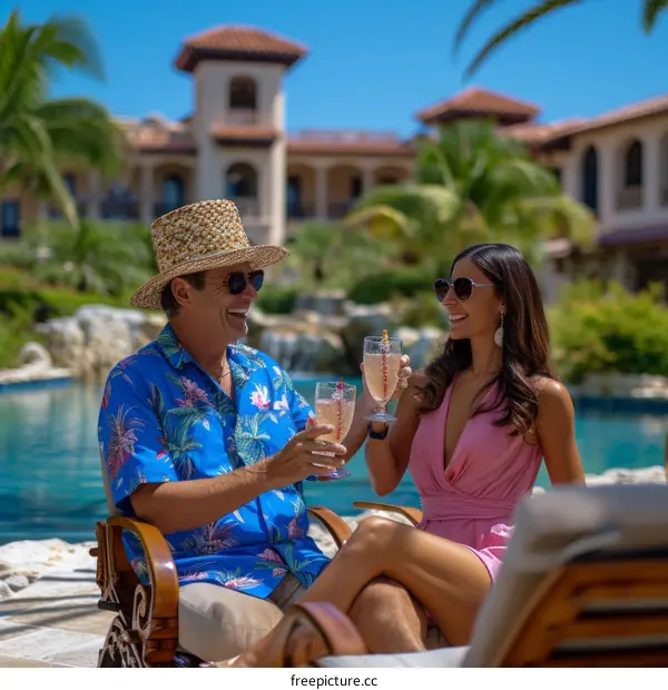 A couple is sitting by the pool and drinking cocktails