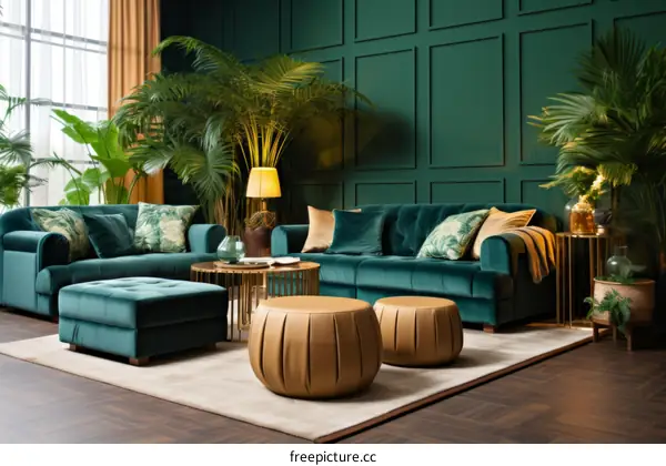 Living room interior with green walls, velvet furniture, and tropical plants